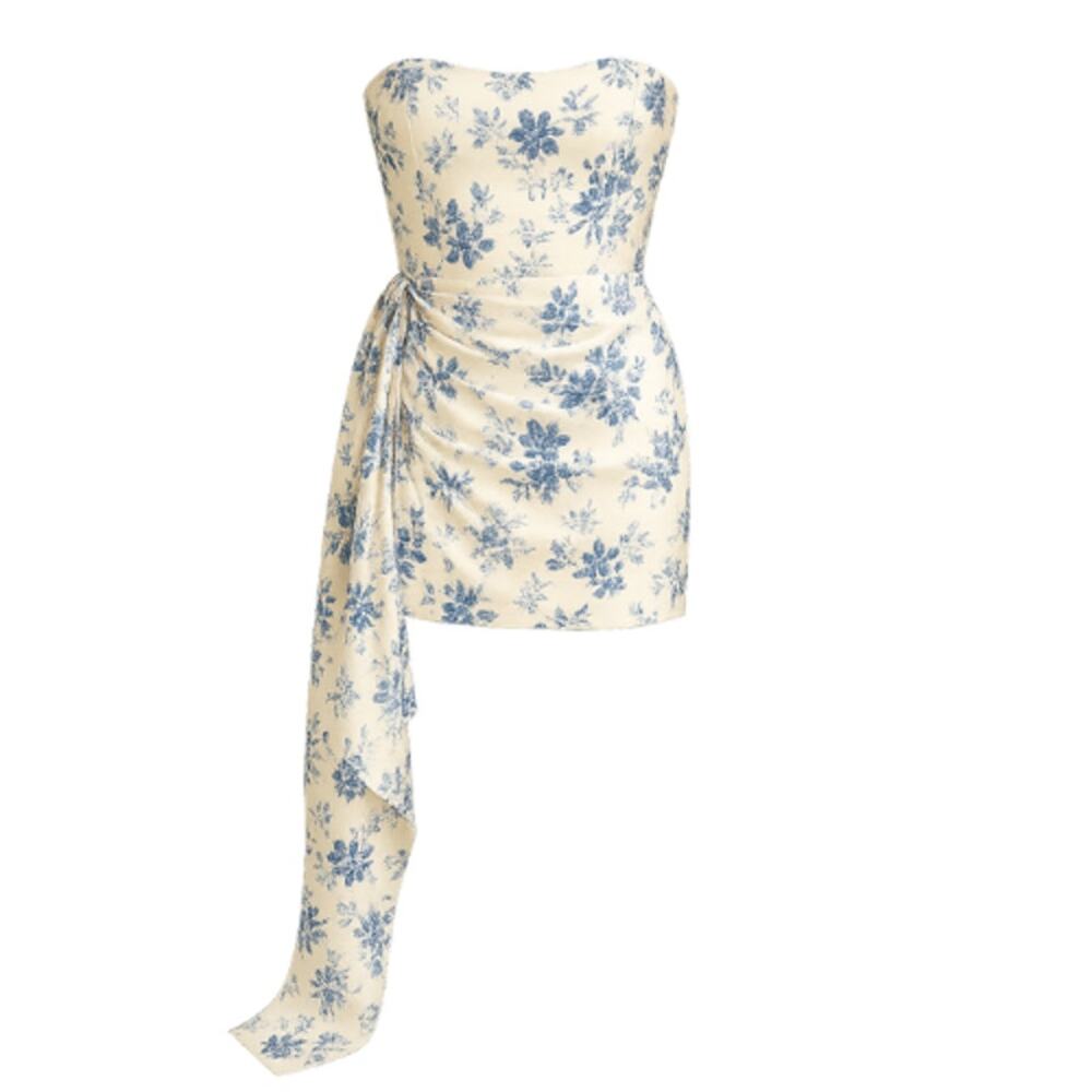 Floral Satin Strapless Mini Dress with Side Drape